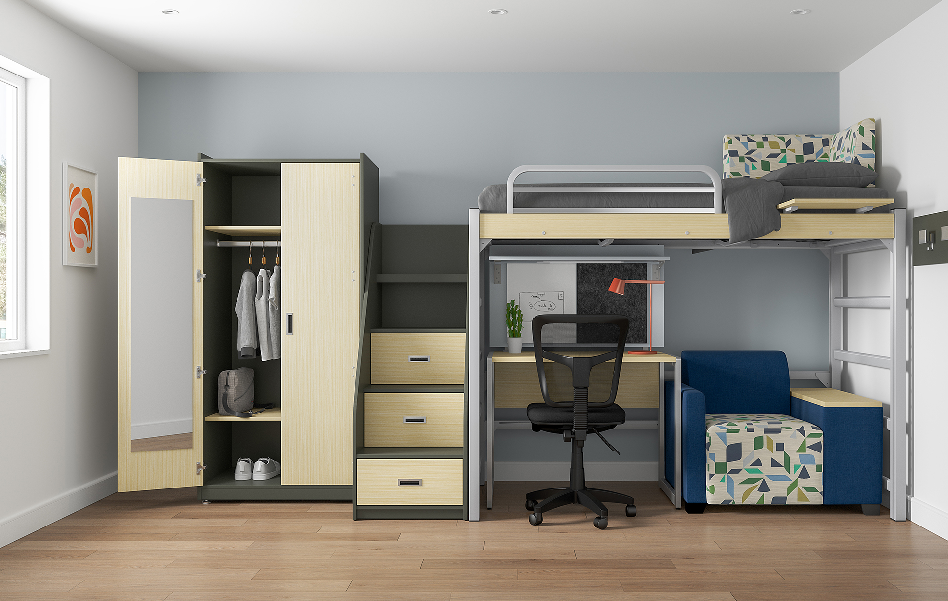 Dormitory room furniture being handled during a residence hall turnover