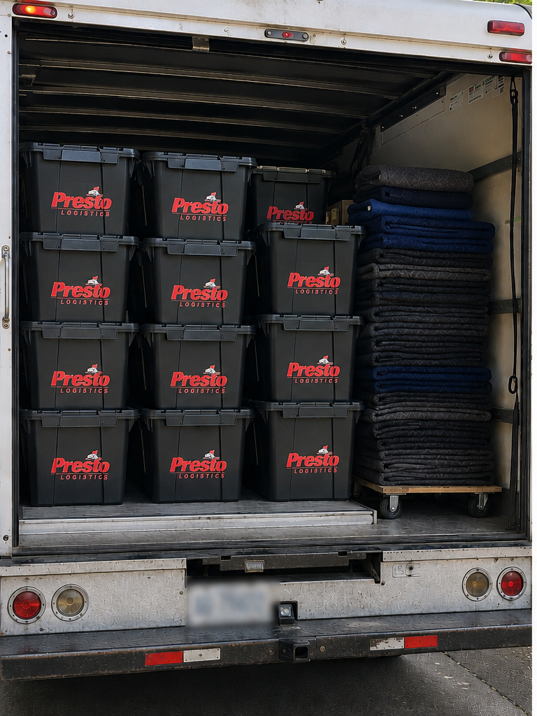 Presto Logistics reusable bins stacked in a truck bay beside folded moving blankets