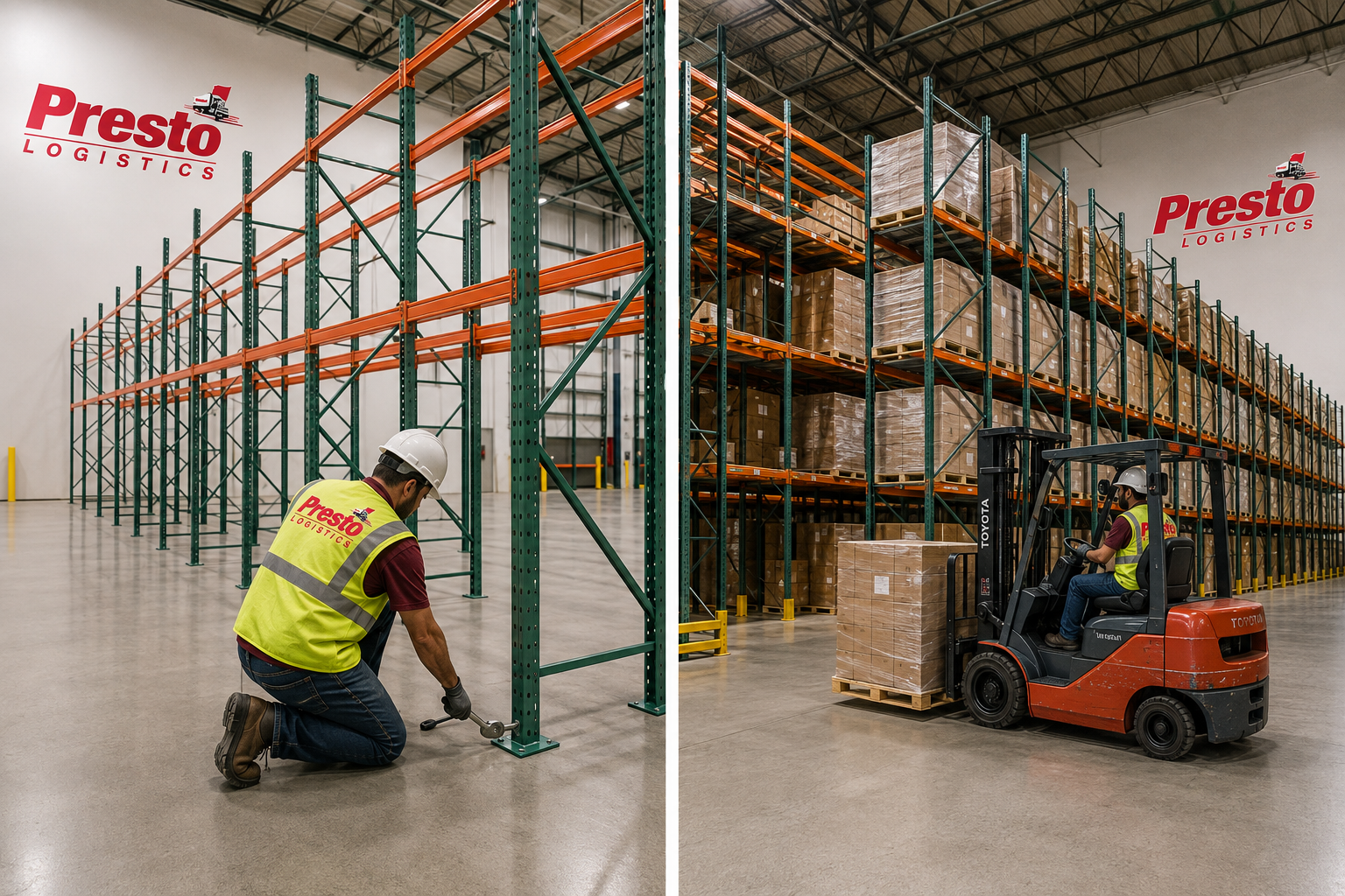 Left: a Presto Logistics crew member torquing an anchor bolt at the base of a pallet racking upright. Right: a loaded racking system in a Presto Logistics warehouse.
