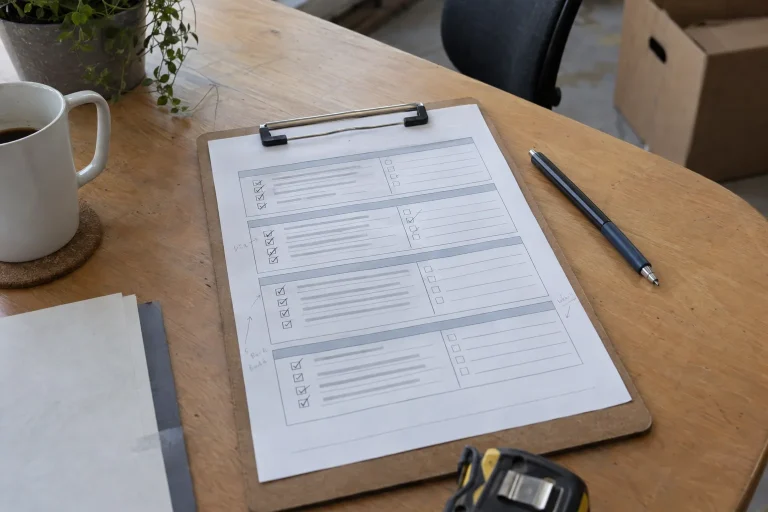 A printed move scope checklist on a clipboard laid on a conference table, with handwritten checkmarks and margin notes visible but not legible, lit by soft natural light